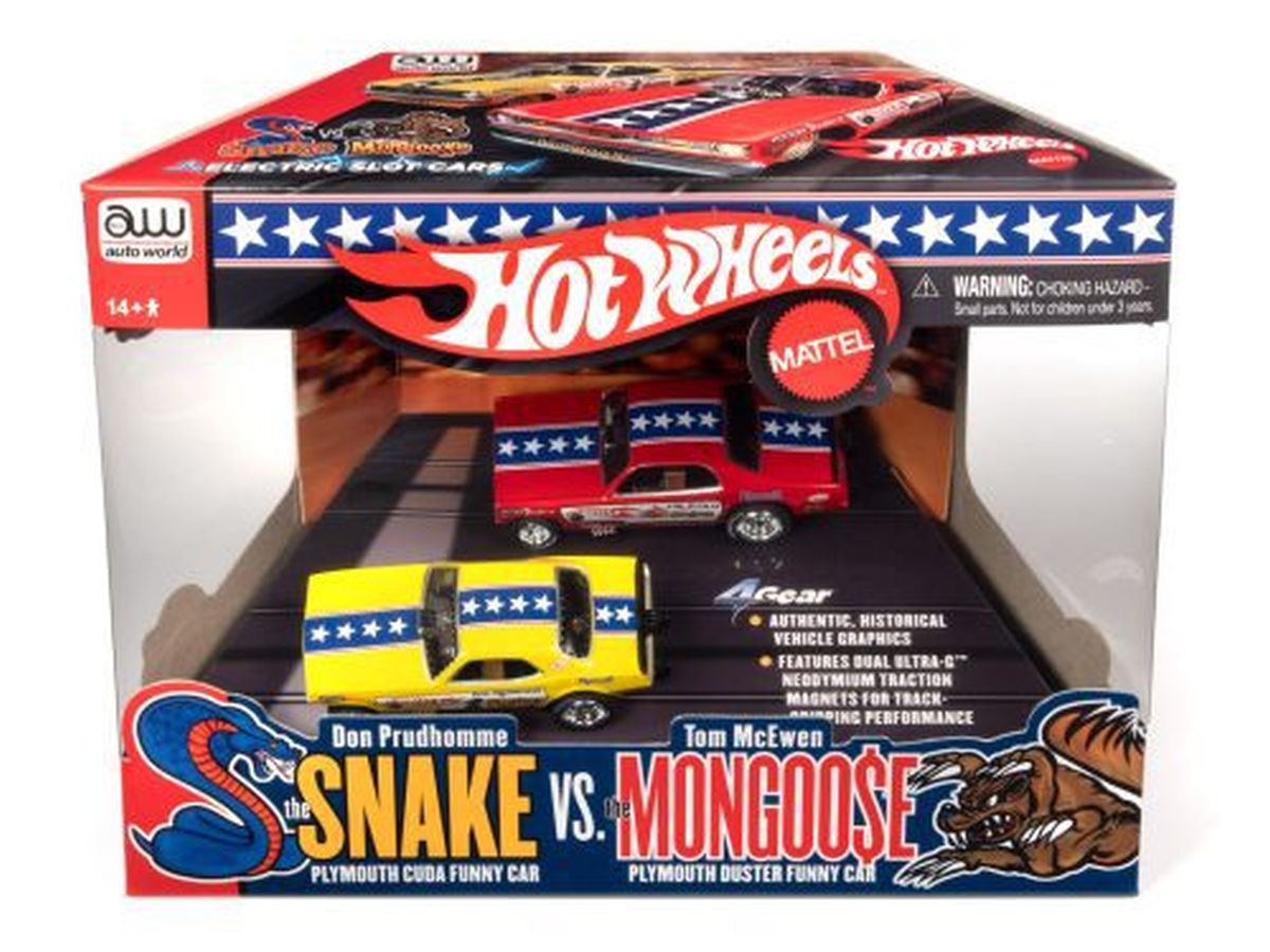 Auto World HO SLOT CAR Hot Wheels Snake & Mongoose 4Gear 2pk 1970 Plymouth Cuda...SC2PK001  (case)