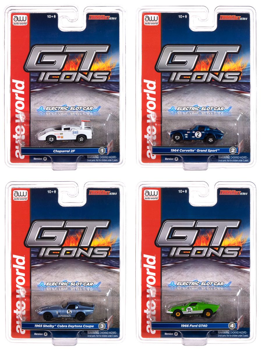 Auto World HO SLOT CAR GT Icons Chaparral 2F/Grand Sport/Shelby Cobra/Ford SC415  (case)