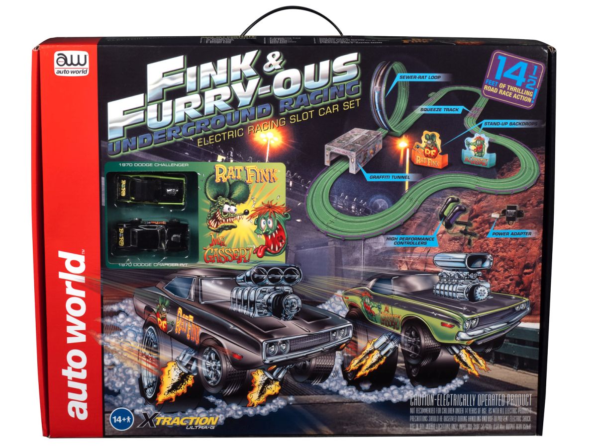 Auto World HO SLOT CAR 14' Rat Fink Fink & FURRY-OUS Underground Racing Slot Race Set SRS347