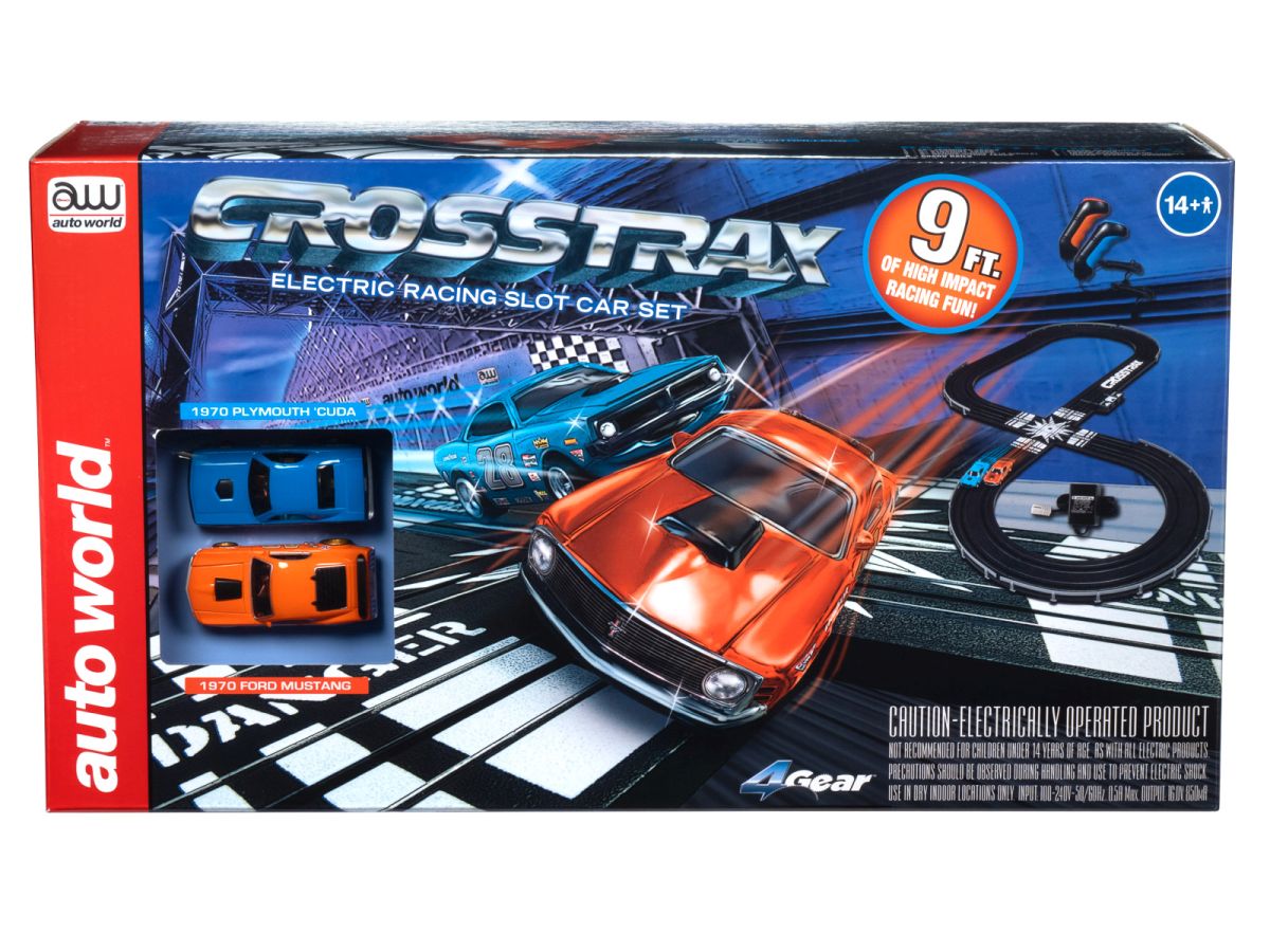 Auto World HO SLOT CAR CrossTrax Road Course 9 Slot Race Set 1970 Ford Mustang SRS351