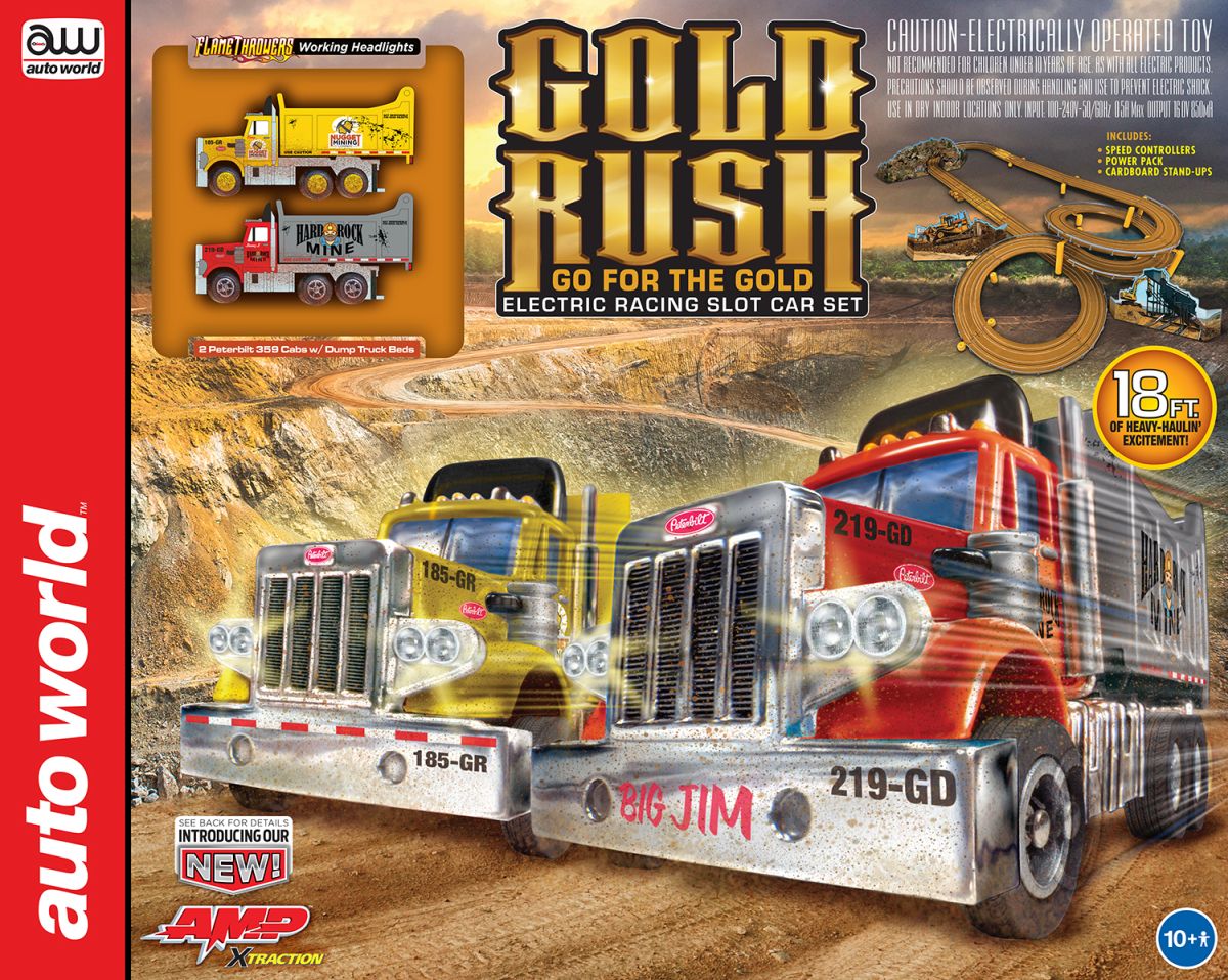 Auto World HO SLOT CAR 18' Gold Rush Go for the Gold Slot Race Set Peterbilt Truck SRS357