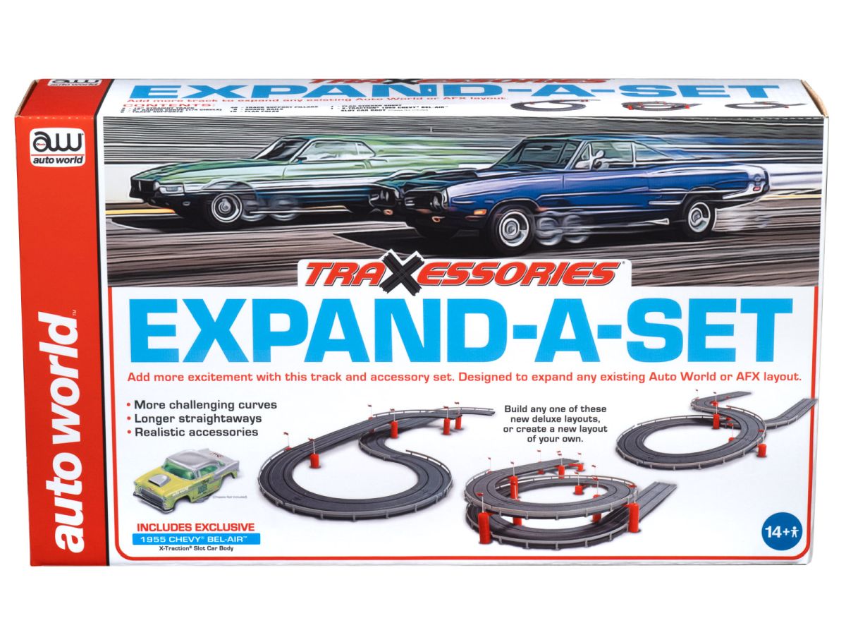 Auto World HO SLOT CAR Track & Accessory Expand-A Set w/XT 1955 Chevy Bel Air TRX112