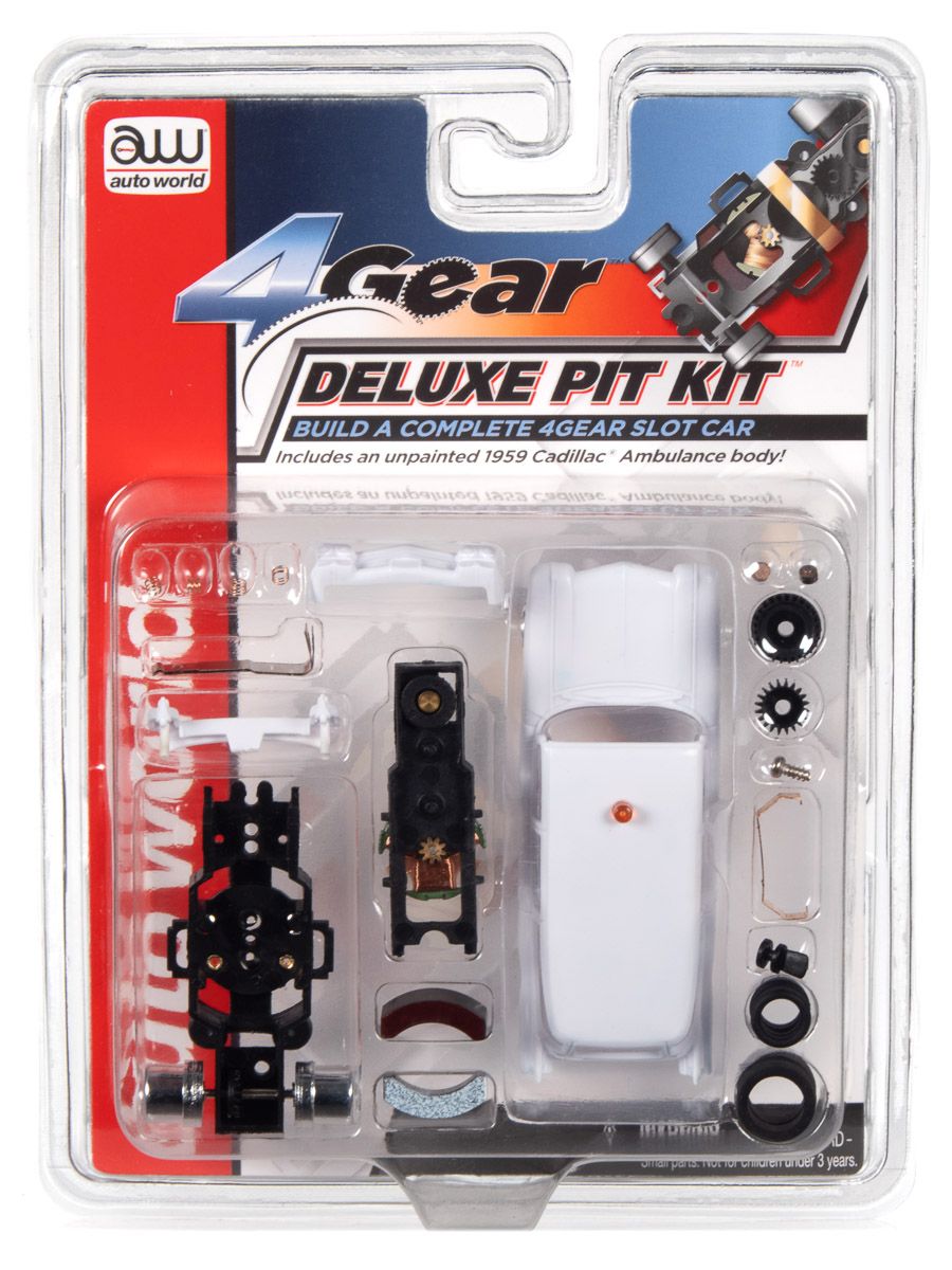 Auto World HO SLOT CAR 4Gear Deluxe Pit Kit (w/1959 Cadillac Ambulance Body) Part TRX115