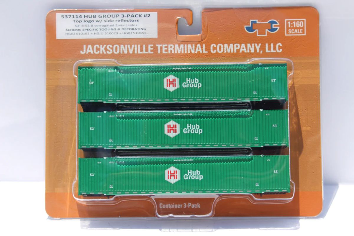 JTC Model Trains 537114 N HUB Group w/Top Logo #2 53 High Cube Container 3pk