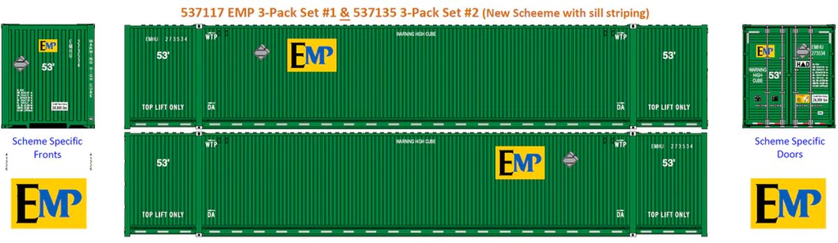 JTC Model Trains 537117 N EMP/green w/sill striping 53 High CubeContainer3pk#1