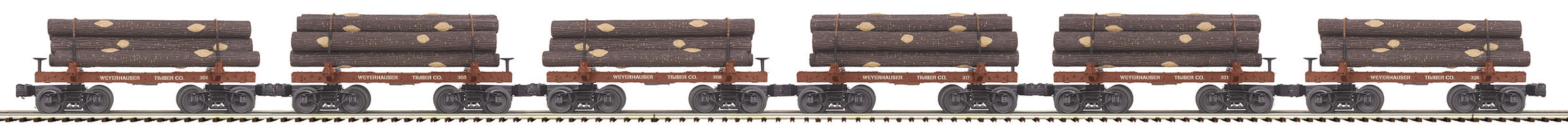 MTH MTH2092328 O Sleleton Cars w/Log Load 6pk Weyerhaeuser