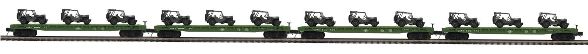 MTH MTH2092355 O US Army Flatcar 4pk w/(3) Willys Jeeps/Olive