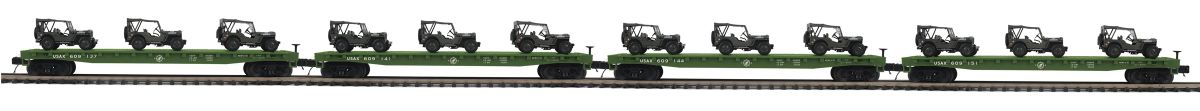 MTH MTH2092356 O US Army Flatcar 4pk w/(3) Willys Jeeps/Olive
