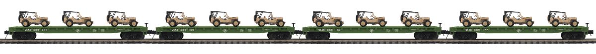 MTH MTH2092357 O US Army Flatcar 4pk w/(3) Willys Jeeps/Desert