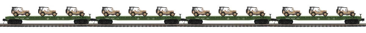 MTH MTH2092358 O US Army Flatcar 4pk w/(3) Willys Jeeps/Desert