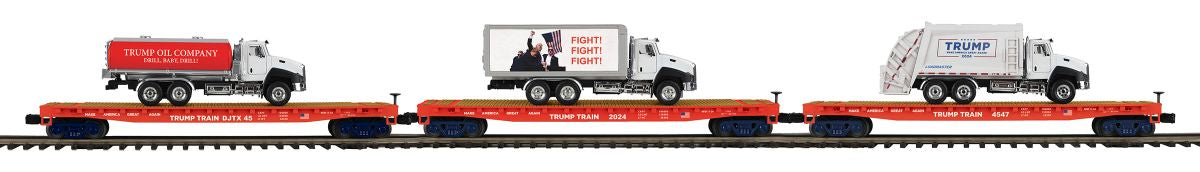 MTH MTH2092440  O Trump 3pk Flatcars w/Truck Loads