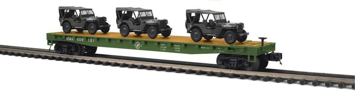 MTH MTH2095672 O US Army Flatcar w/(3) Willys Jeeps/Olive
