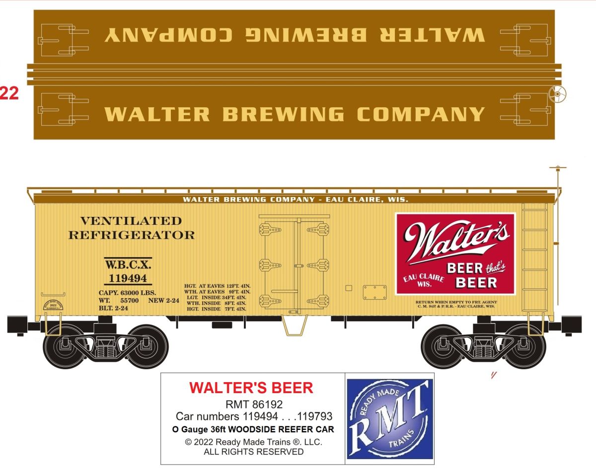 Ready Made Trains RMT 86192 O Woodside Reefer Walters Beer