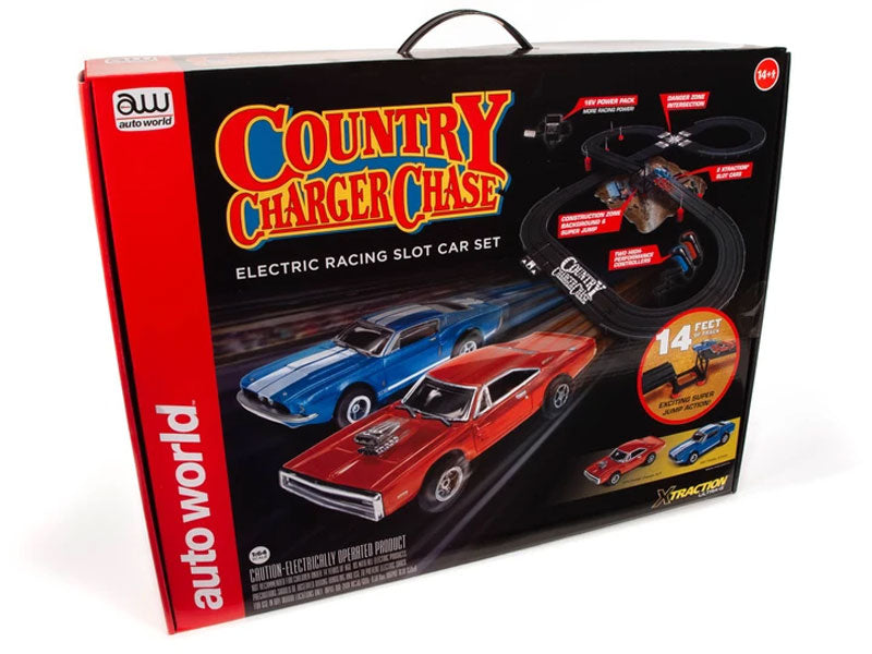 Auto World HO SLOT CAR 14' Race Set County Charger Chase Slot with 1967 Shelby GT500 SRS335